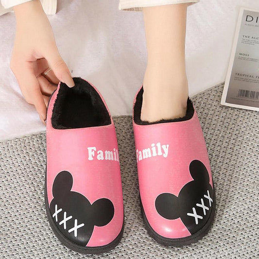 Winter Ladies Leather Warm Slippers Plus Velvet Thickening Plus Cotton Non-slip Wear-resistant Waterproof Cotton Slippers