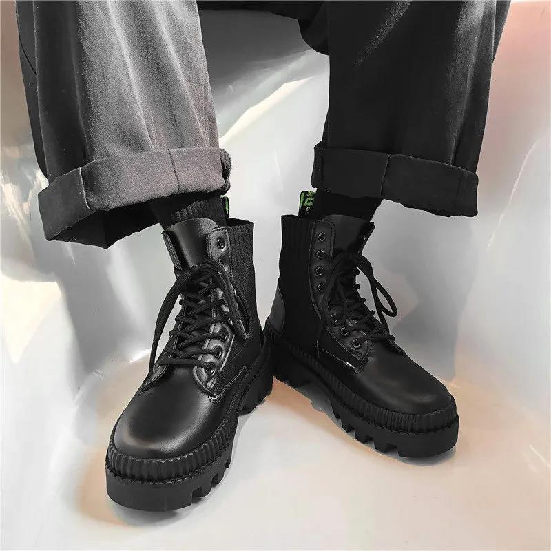 Black Thick-soled Heightened Martin Boots Men's Spring High-top Shoes Korean Style Student All-match Boots