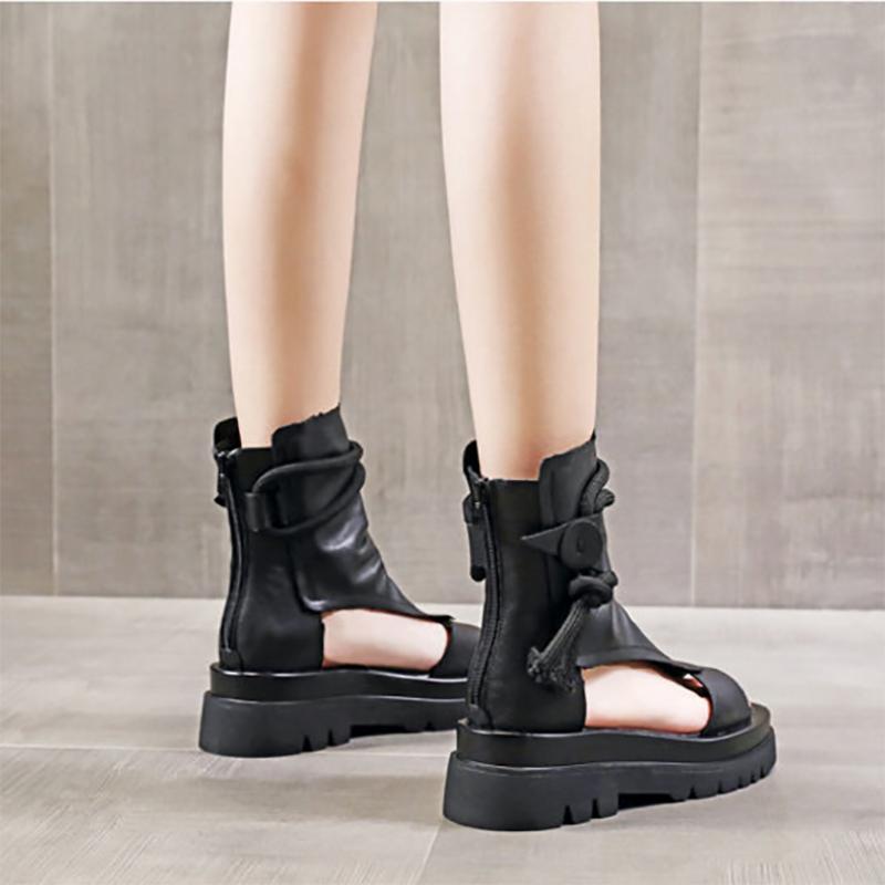 Women's Soft Leather Flat Sandals Platform Fish Mouth Sandals Mid-heel Casual High-top Roman Shoes