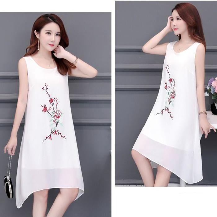 Chiffon XL-XXXXXL Plus Size Summer Chinese Style Dress Knee-length Solid Printed Over-the-knee Vest Skirt