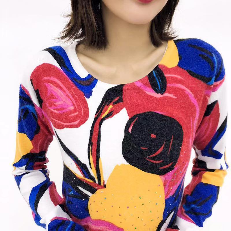 Women's Cashmere Sweater Printing Mid-length Wool Sweater  Large Size Knit Sweater Dress Women's Bottoming Dress Fall Winter