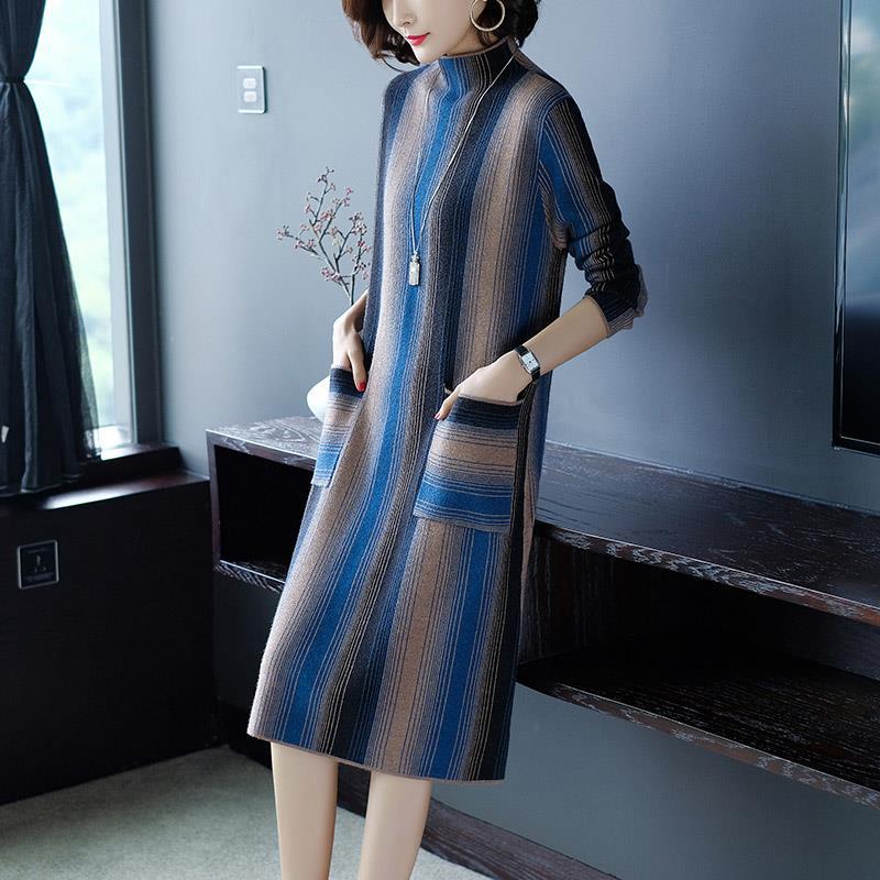 High-quality Elegant Contrast Color Striped Knitted Dress Women Fashion Sweater Outwear long Pullover Sweater Dress with Pockets Autumn Winter