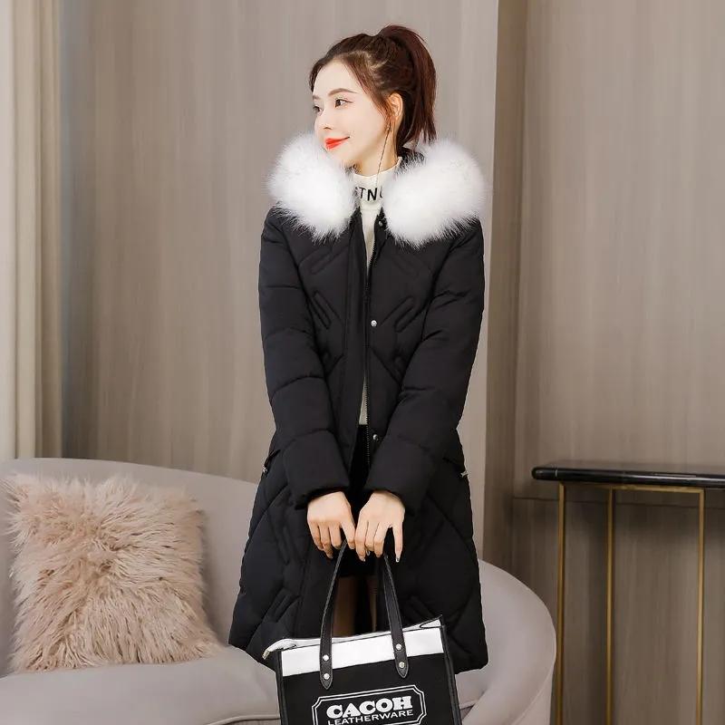 Winter Women's Long Jacket Casual Warm Coat Hooded Fur Collar Slim Padded Jackets Outwear Solid Color Zipper White Balck