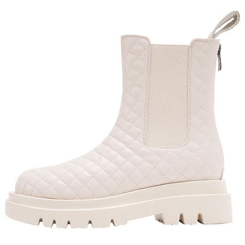 Fur Snow Boots Women's Thick-soled Plus Velvet Warm Cotton Boots In Tube Martin Boots Leather Back Zipper Diamond Short Boots