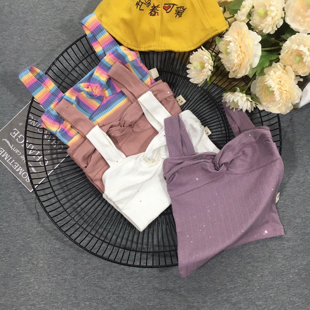 Summer Kids Cute  Girls Summer Thin Camisole Tube Top Mixed Color Striped Halter Fine Flashing Vest