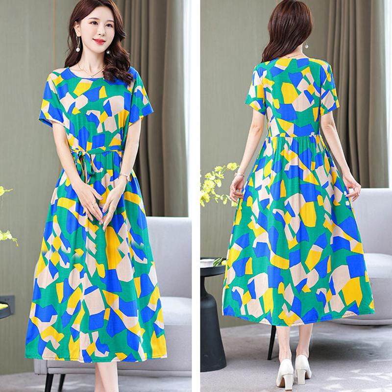 Summer Cotton Silk Dress Floral Cotton Long Skirt Women's Short-sleeved Large Size Rayon Cotton Silk Skirt Fabric Sweat-absorbing and Breathable