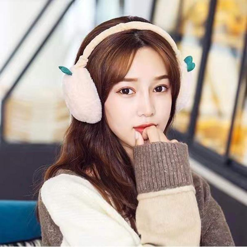 Women's Winter Thickened Warm Earmuffs Cute Green Buds Hamburger Foldable Ear Muffs Earflap Plush Antifreeze Easy To Carry Mini Earwarmers Thick Pad