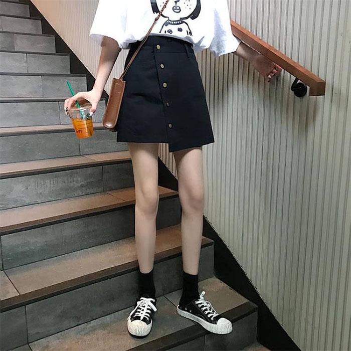 Women Summer High Waist Irregular Denim Skirt Student Anti-Light Thin Black A-line Short Skirt