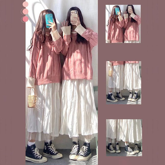 Gentle Wind Hepburn Knitted Sweater Skirt Two-piece Suit Women Sweet Sweater Suit Loose Knit Sweater + A-line Skirt