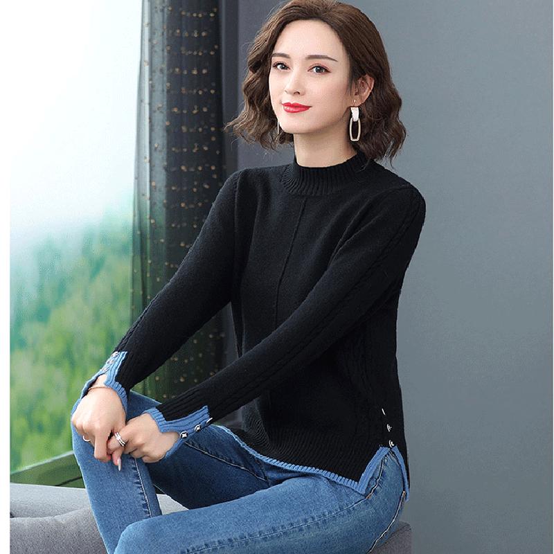 Winter Women Short Mid-High Collar Pullover Sweater Button Twist Loose Office Undershirt