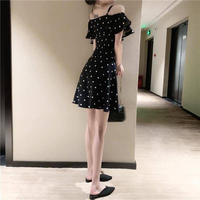 Female Summer Vintage Simple Elegant Wave Point Dress Sling Short Graceful Slim Party Dress