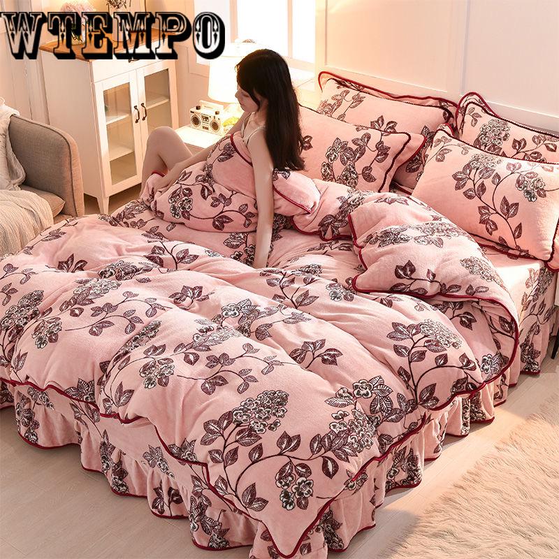 Bedroom Thick Warm Cotton Quilts Cover Home Luxury Printed Winter Flannel Quilted Bedding Set