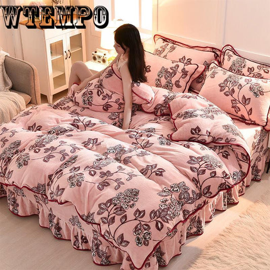 Bedroom Thick Warm Cotton Quilts Cover Home Luxury Printed Winter Flannel Quilted Bedding Set