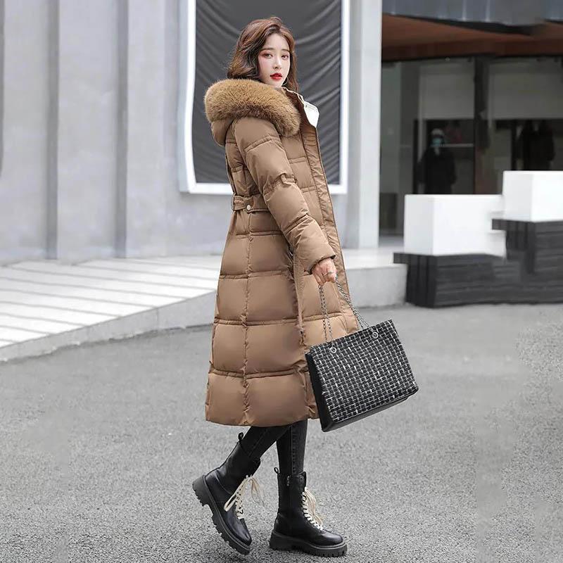 Long Padded Jacket Women's Fashion with Fur Collar Waist Down Padded Jacket Women Over The Knee Thick Winter Padded Jacket Women