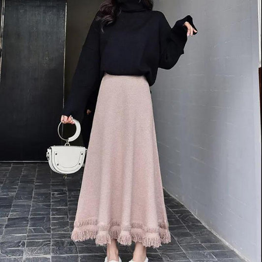 Autumn and Winter Knitted Woolen Skirt Women's Mid-length Thick and Warm A-line Winter Long Skirt