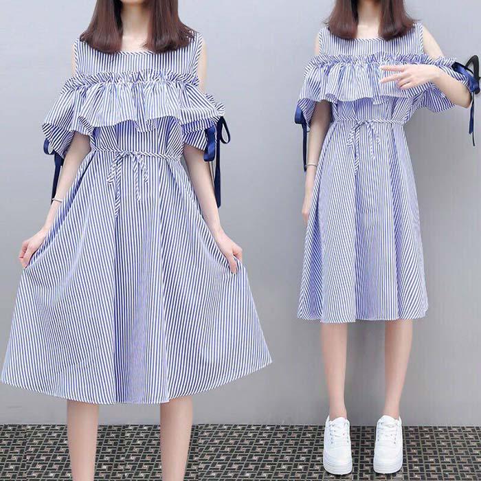 Pofulove Women Off Shoulder Striped Shirt Dress Office Lady Loose Thin Mid-length A-line Beach Skirt