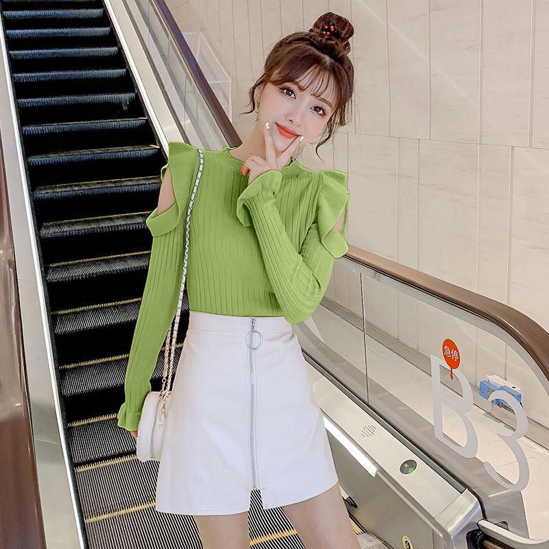 Podilove Women's long-sleeve off-shoulder knit sweater womens sweet ruffled slim sweater women