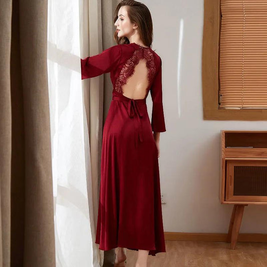 Women's Lace Long Nightdress Wedding Dressing Robe Drape Satin Solid Color Beauty Back Hollow Out Sexy Nightgown French Wedding Pajamas