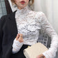 Autumn Winter High Neck Lace Bottom Blouse Sexy Hollow Out Long Sleeve Slim Pullover Shirt