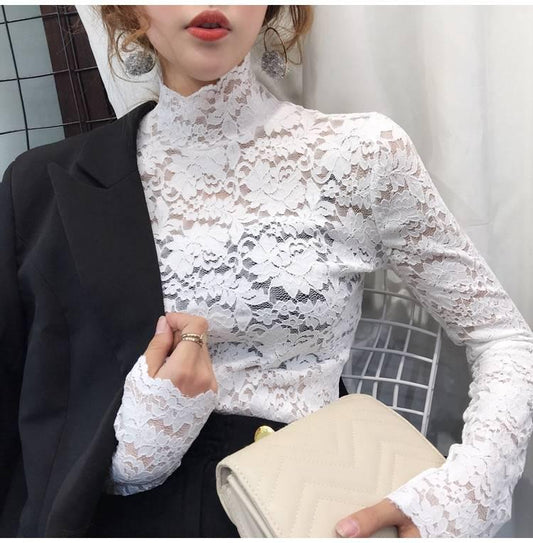 Autumn Winter High Neck Lace Bottom Blouse Sexy Hollow Out Long Sleeve Slim Pullover Shirt
