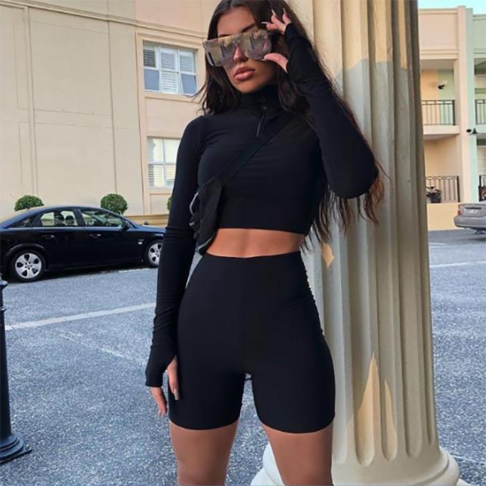 WTEMPO Long Sleeve Zipper Boss Elasticity Sexy Short Top + Five-point Shorts Casual Sports Suit Navel Two-piece Suit
