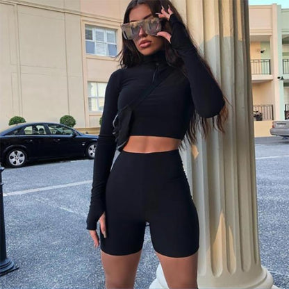 WTEMPO Long Sleeve Zipper Boss Elasticity Sexy Short Top + Five-point Shorts Casual Sports Suit Navel Two-piece Suit