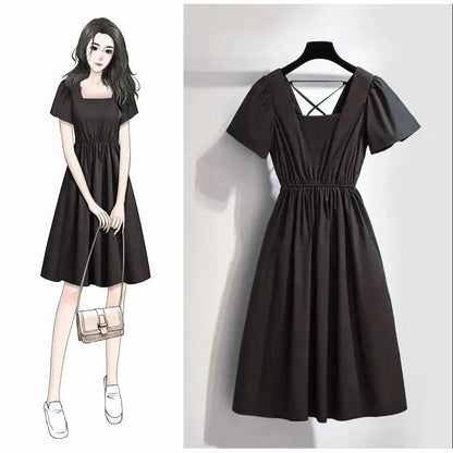 Dress Women's Spring Summer Plus Size Casual Solid Color Dress Square Collar Short Sleeve Open Back Cotton All-match