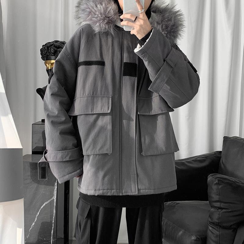 Winter Handsome Cool Cotton-padded Jacket Tooling Pocket Cotton-padded Jacket Thick Hooded Warm Fur Collar Cotton-padded Jacket Parka Jacket