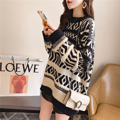 Vintage  Printed Mid-length Thick Sweater Women Loose Casual Knit Sweater Round Neck Pullover Fair Isle Jacquard Sweater