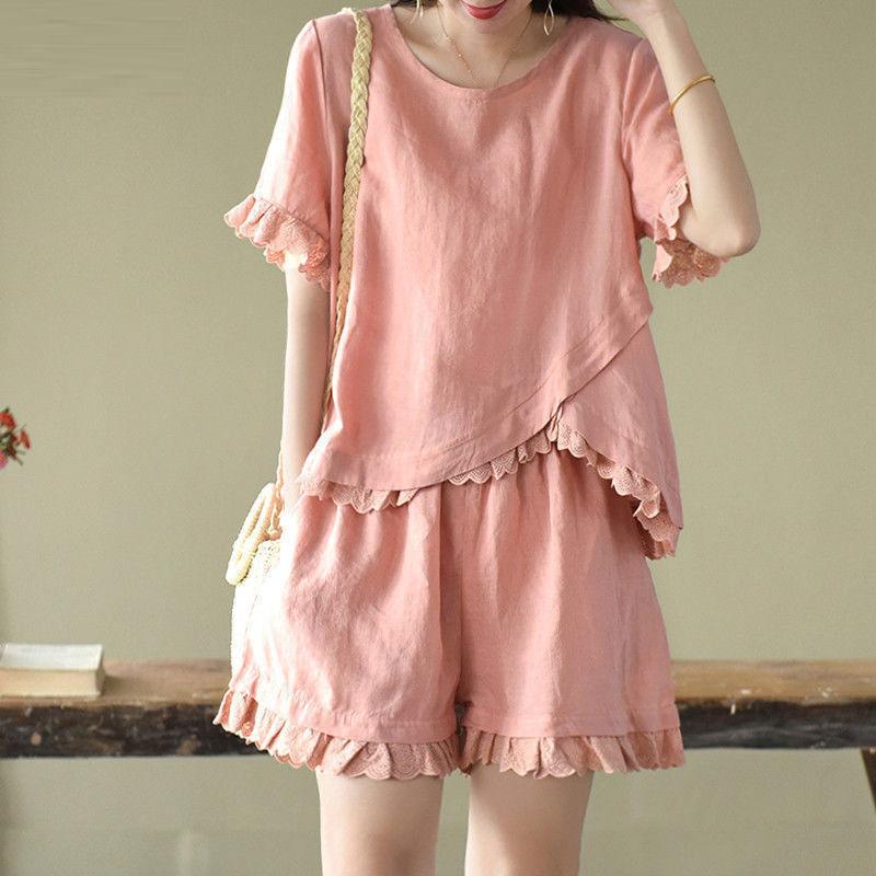 WTEMPO Solid Color M-XXXL 2pcs Suit Spring Summer Women's Plus Size Elastic Waist  Round Neck Short Sleeve Loose Casual Two-piece Set