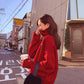 Pofulove Soft girl sweater women's sweater loose mesh red knitted sleeves are pretty fairy cute