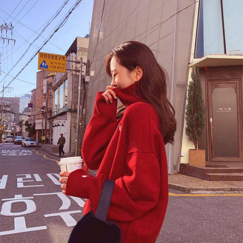 Pofulove Soft girl sweater women's sweater loose mesh red knitted sleeves are pretty fairy cute