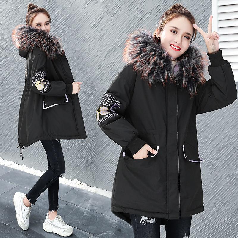 Winter Mid-length Loose Cotton Jacket Korean Version Plus Velvet Thick Coat Embroidery Hit Color Ladies Parkas