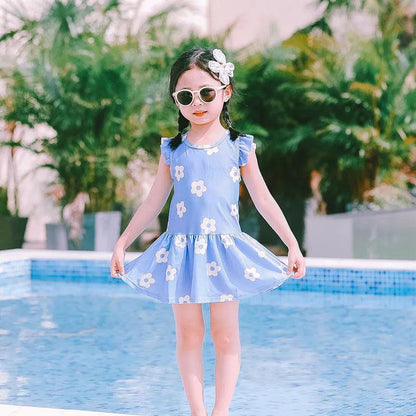 Baby Girls Swimwear Backless Cute Flower Printed One-Piece Swimsuit Summer Kids Lotus Leaf Sleeve Pleated Skirt Beachsuit