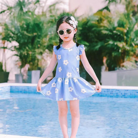 Baby Girls Swimwear Backless Cute Flower Printed One-Piece Swimsuit Summer Kids Lotus Leaf Sleeve Pleated Skirt Beachsuit