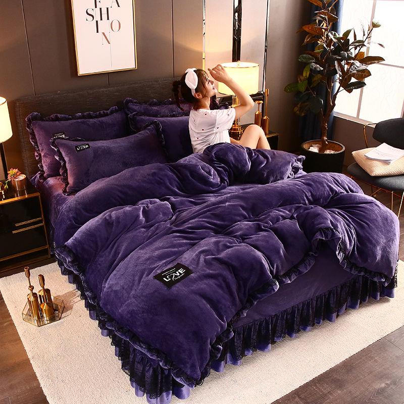 2019 Coral Velvet 4pcs Winter Flannel Thickening Warm Bedclothes Queen King Quilt Cover