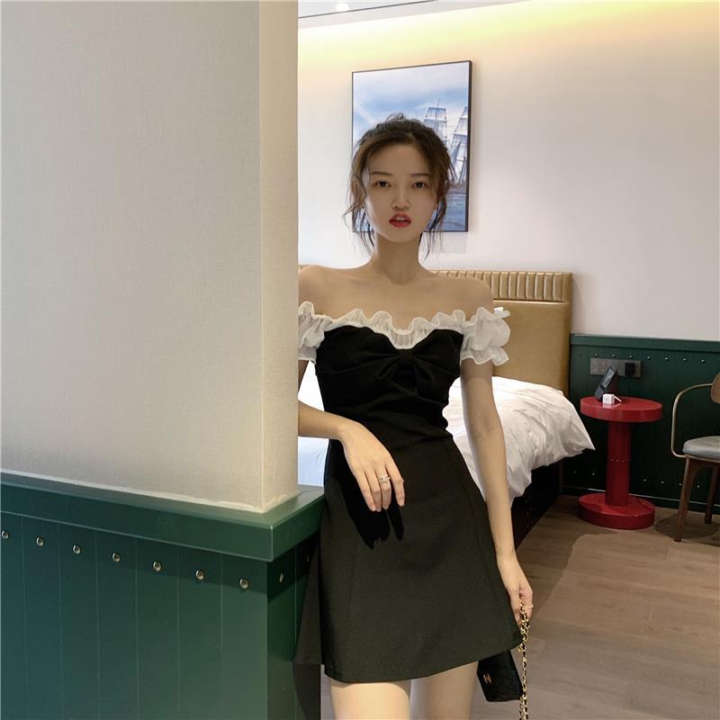 Female Summer Slim High Waist Graceful Dress Short Simple Elegant Lace One Neck Party Dress