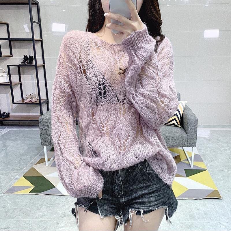 Hollow Women's Sweater Sexy Net Shirt Loose Lazy Wind Bottoming Shirt Ripped Knit Sweater Women's Sunscreen Shirt Sexy Perspective Dress