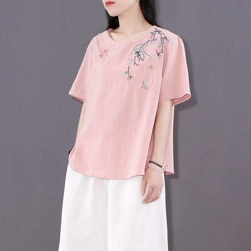 Women's Summer Embroidered Short Sleeve T-Shirt Loose All-match Round Neck Top