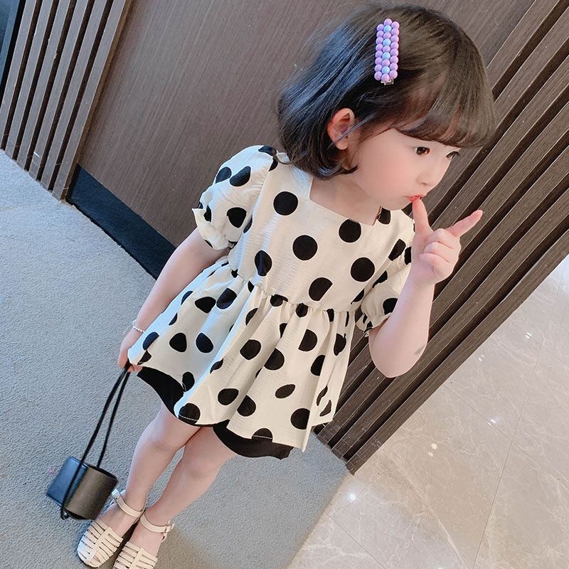 2PCS Children Clothing Set Spring Summer Girls Printing Suits Dot Short Sleeve Ruffle Tops + Pants Clothing Set