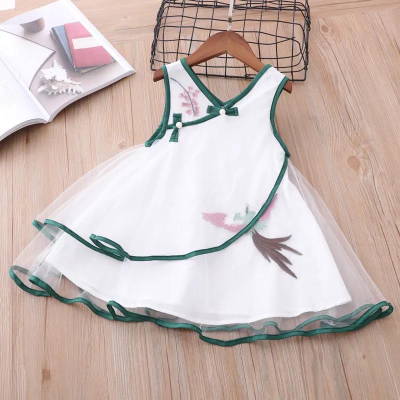 Girls Dress Temperament Cheongsam Mesh Princess Skirt Chinese Style Baby Vest Skirt Sleeveless Round Neck A-line Skirt