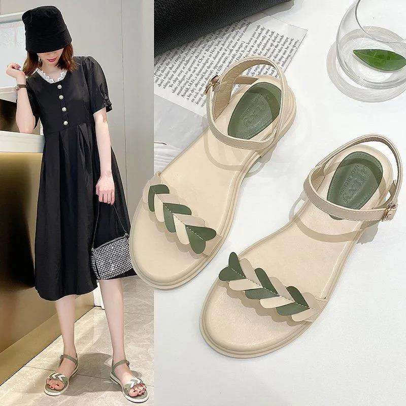 Sandals Women Summer Leisure All-match Flat Shoes One-word Buckle Low-heel Outdoor Beach Shoes