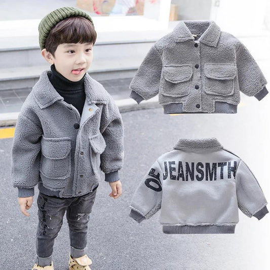 Boys Winter Lamb Wool Coat Plus Velvet Thickening Children's Handsome Trendy Clothes Baby Autumn and Winter Warm Jacket