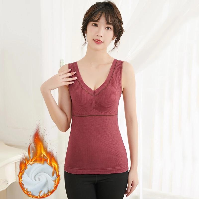 Women Thermal Underwear Sexy Winter Clothing Velvet Vest Padded Warm Body Tops Sleeveless Slim Seamless V Neck Solid Inner Wear