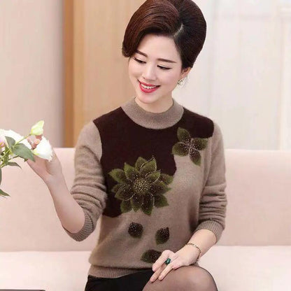 Women's Faux Mink Fleece Crew Neck Sweater Floral Diamond Pullover Loose Casual Plus Size Knit Sweater