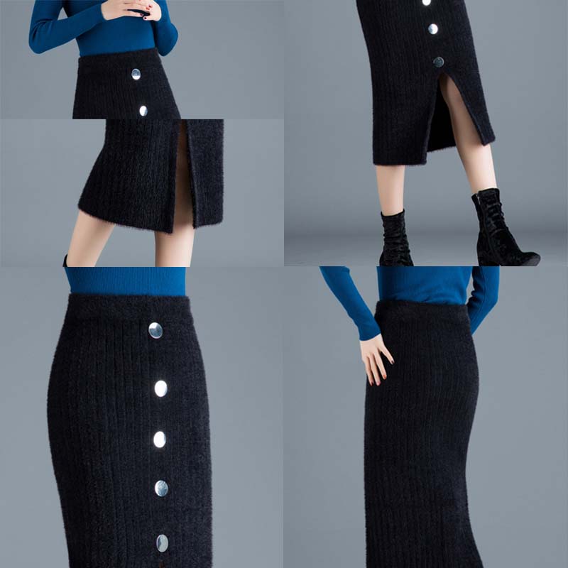 Women's Autumn and Winter Fashion Warm Imitation Mink Fleece Skirt Thick Knit Mid-length Slit Bag Hip Wool One-step Long Skirt