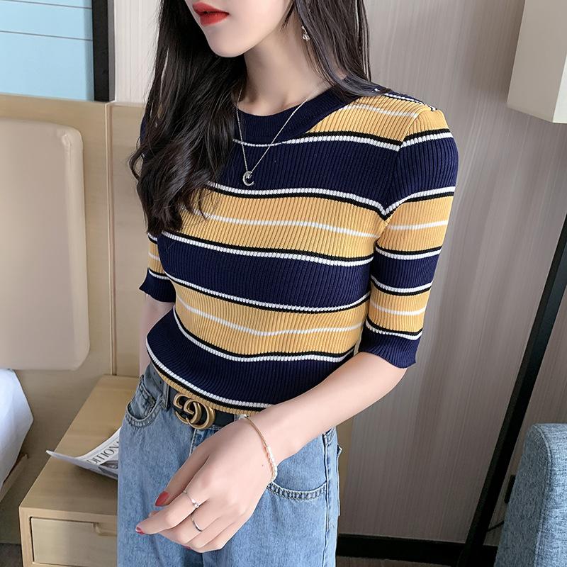 Spring Summer Casual Women Clothing Knitted T-Shirt Women Tops Short Sleeve Striped Knit Sweater