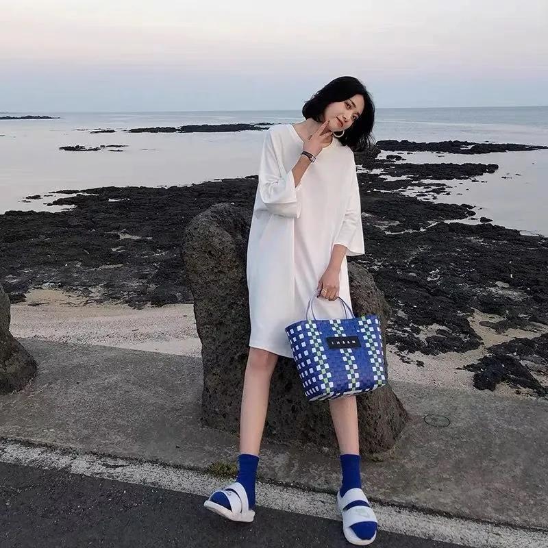 Nightdress Women's Summer Candy Color Short-sleeved Thin Home Clothes Simple Solid Color Student Summer Pajamas Outside Long Short-sleeved T-shirts