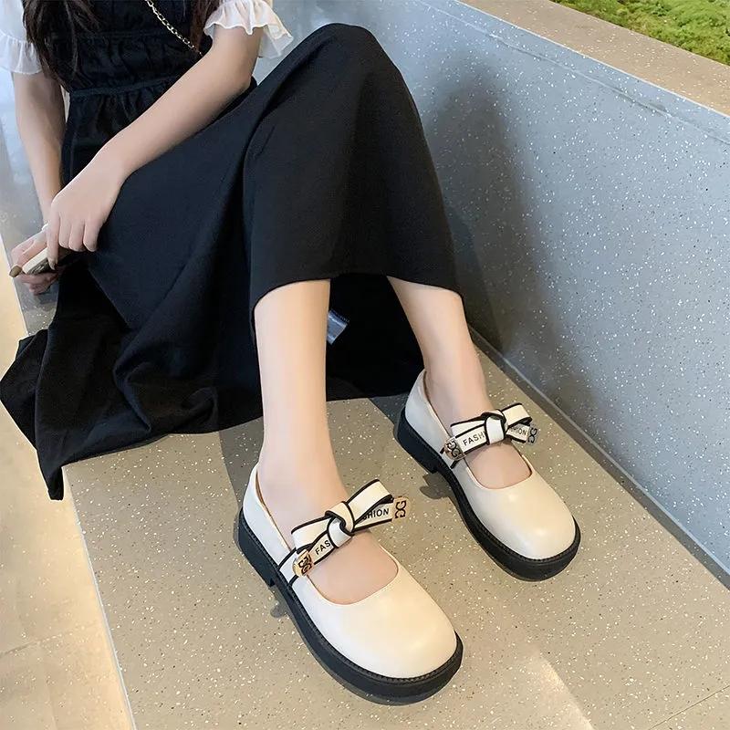 Female British Loafers Summer Small Leather Shoes Retro Medium Heel Comfortable Shoes Cute Low Wedge Lady Shoes with Skirt Lolita Shoes for Girls