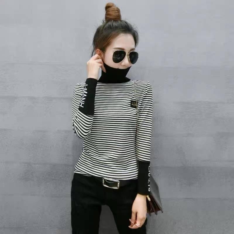 Black and white striped sweater women winter Turtleneck Pullovers long sleeve velvet thicken sweater